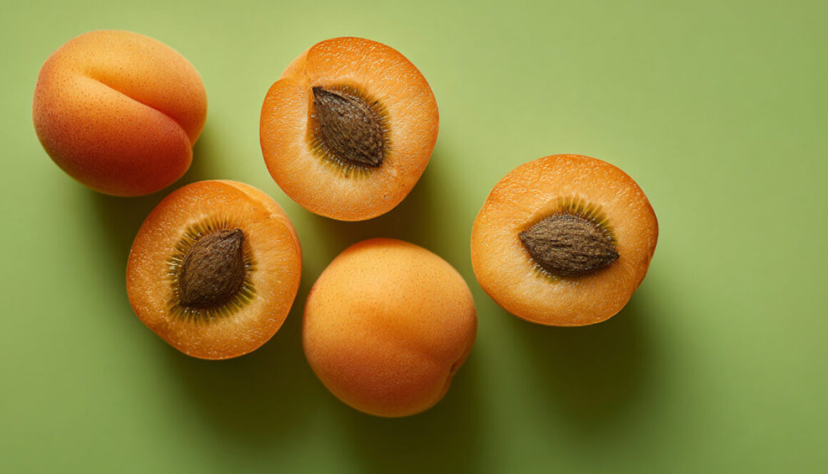 Top view of whole and halved apricots on a soft green background
