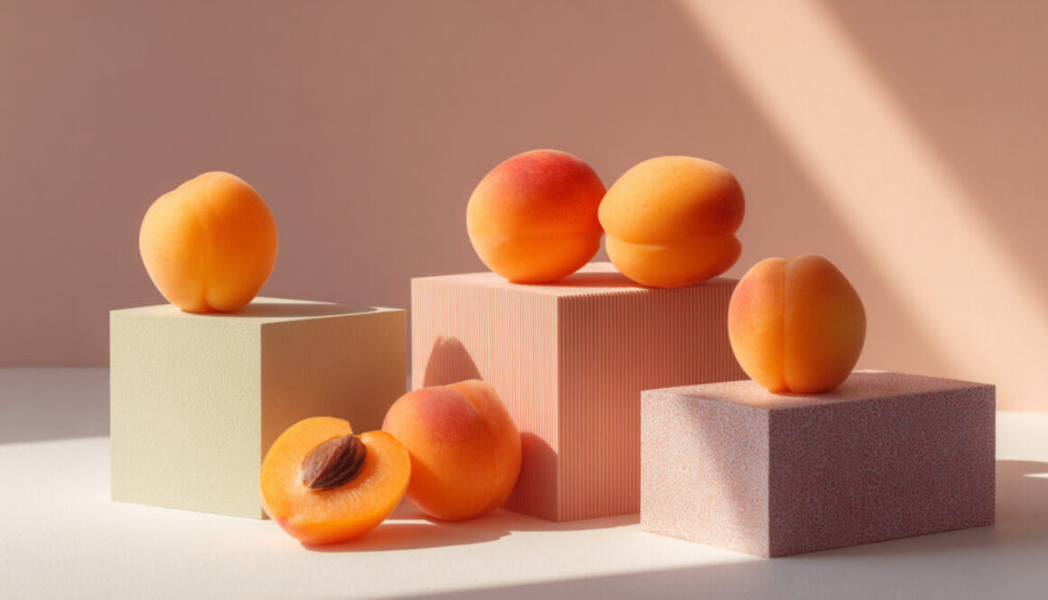 Free still life photo of apricots arranged on textured pastel boxes with soft shadows and pink background