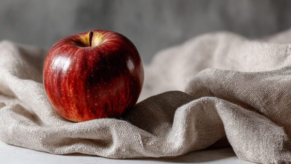 Red apple placed on beige linen fabric with soft shadows – free fruit photo