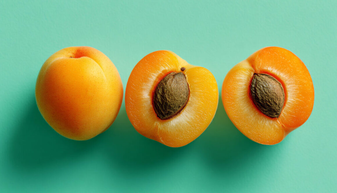 Apricot halves with pits and whole apricot on mint green background