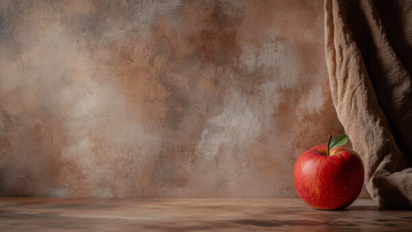 Red apple with leaf on rustic brown background and linen drape in 16:9 format