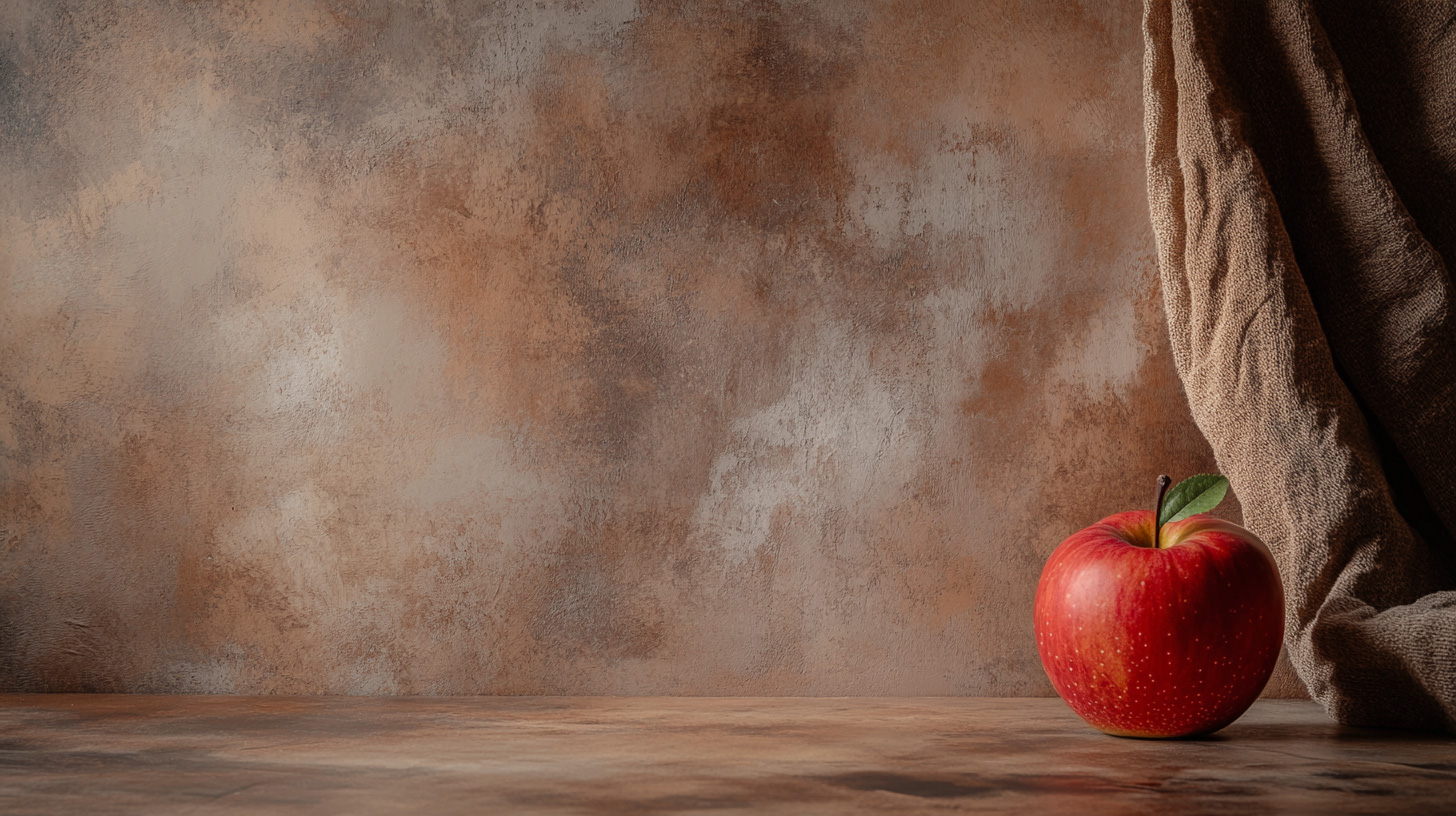 Red apple with leaf on rustic brown background and linen drape in 16:9 format