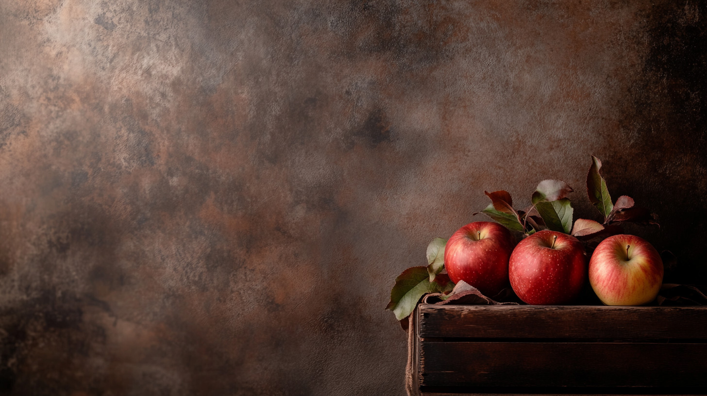 Three red apples in rustic wooden crate on warm brown background in 16:9 format