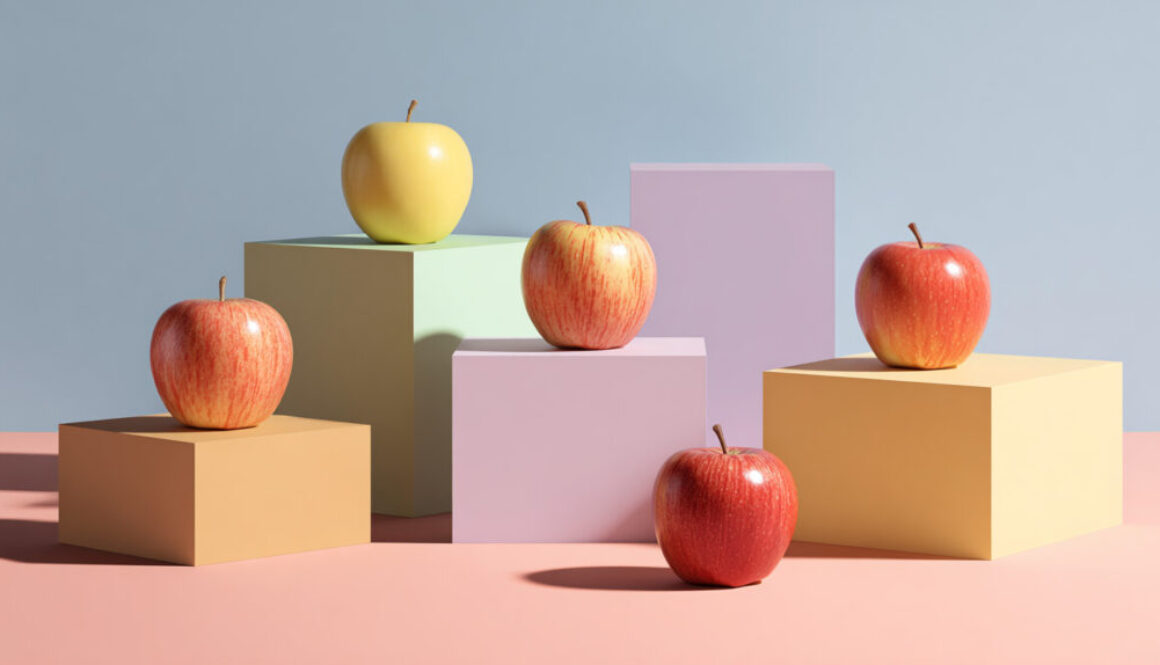 Free artistic photo of apples arranged on pastel geometric blocks in a modern still life setting