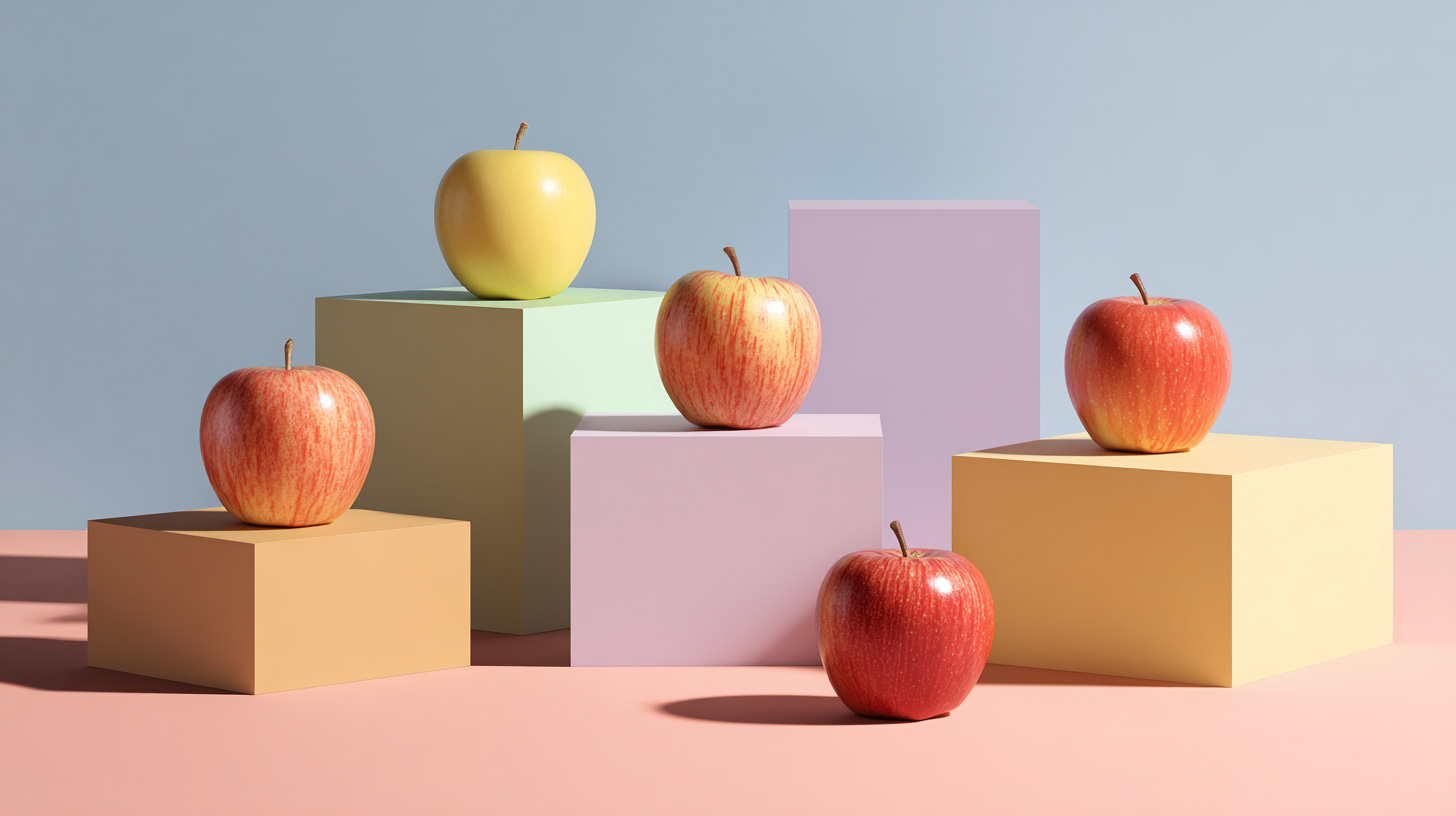 Free artistic photo of apples arranged on pastel geometric blocks in a modern still life setting