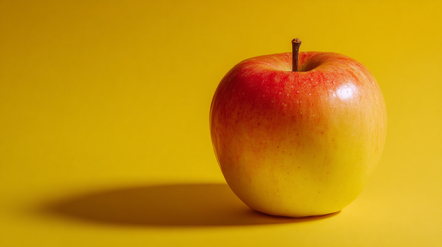 Free red and yellow apple centered on solid yellow background – minimalist fruit photo