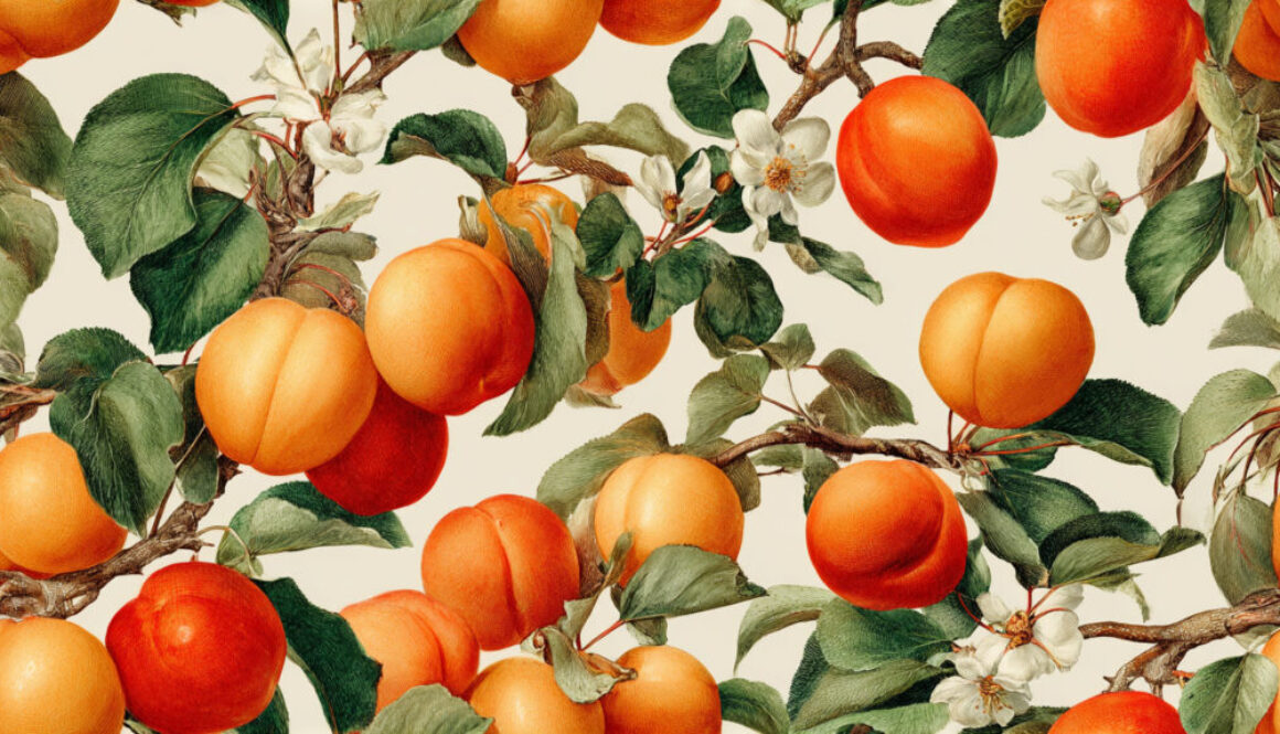 Photorealistic apricot pattern with branches, leaves, and blossoms on a light background – 16:9 free stock image