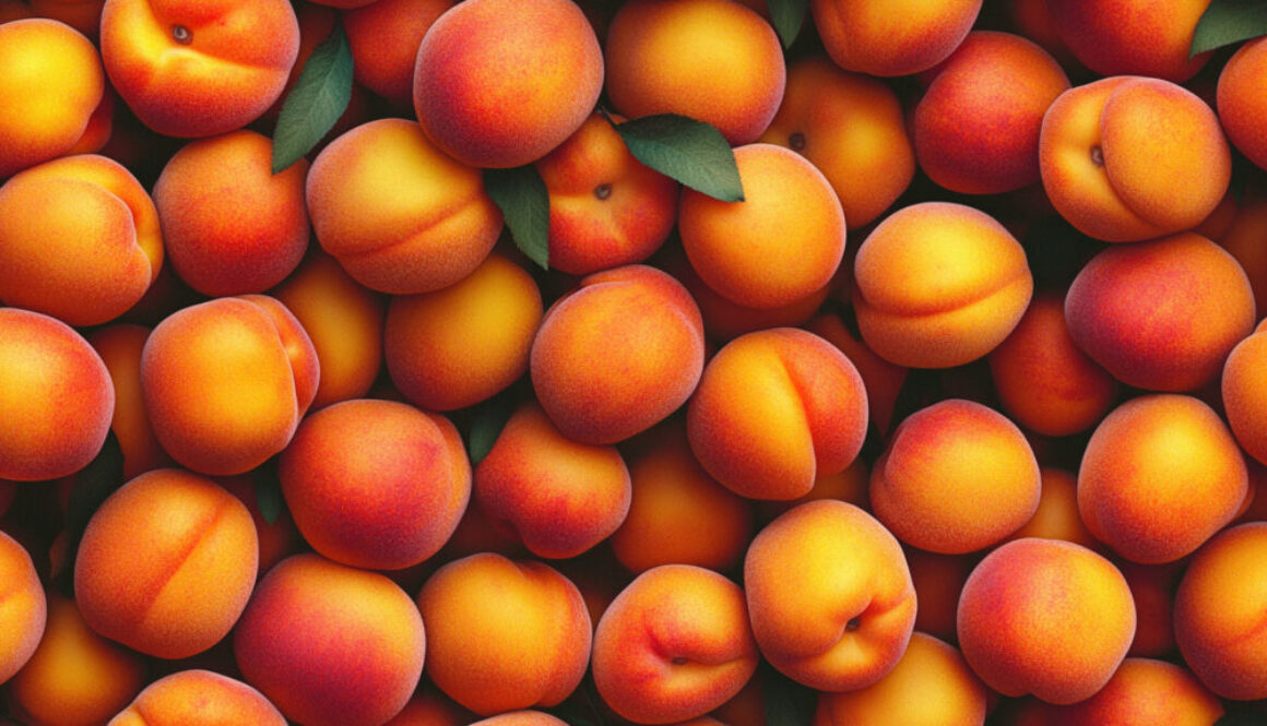 Photorealistic pattern of ripe apricots with green leaves on a dark background