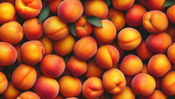 Photorealistic pattern of ripe apricots with green leaves on a dark background