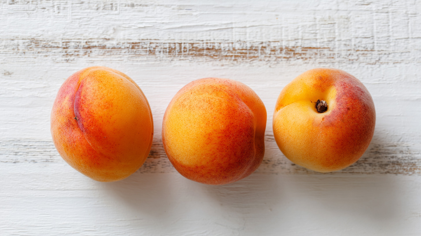 Three apricots on rustic white wood background, top view – free 16:9 image