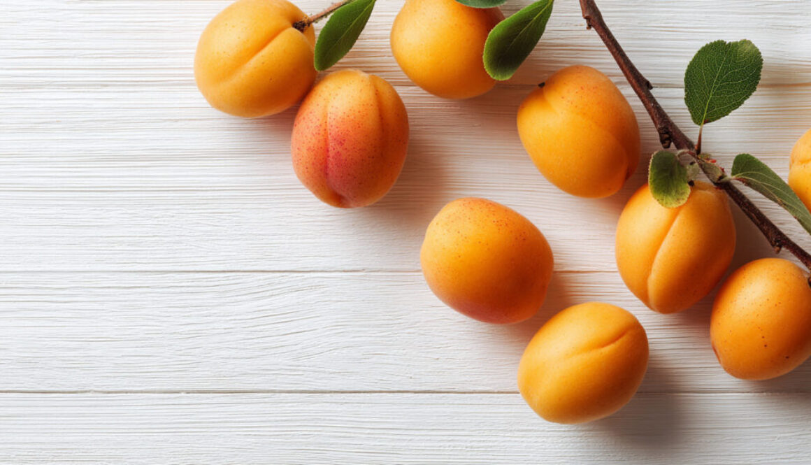 Free stock image of fresh apricots with leaves on rustic white wood background in 16:9 format