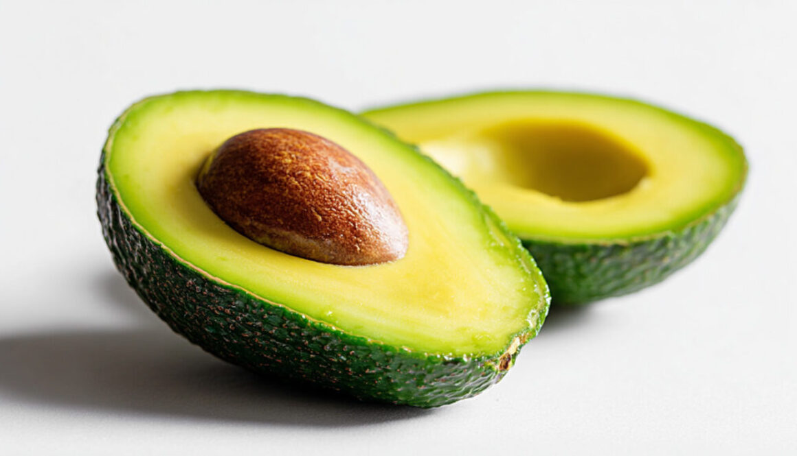 Front view of sliced avocado halves on white background in 16:9 format