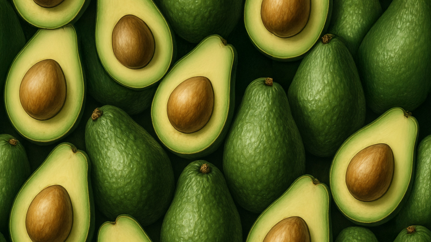 Flat lay of whole and halved avocados in seamless pattern on dark green background in 16:9 format