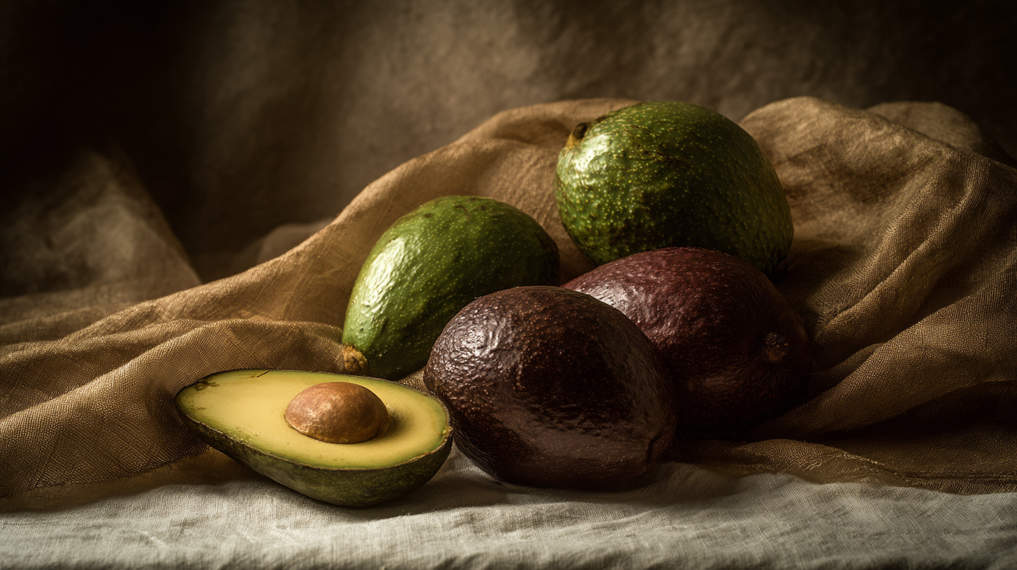 Still life composition of avocados on brown fabric background in 16:9 format
