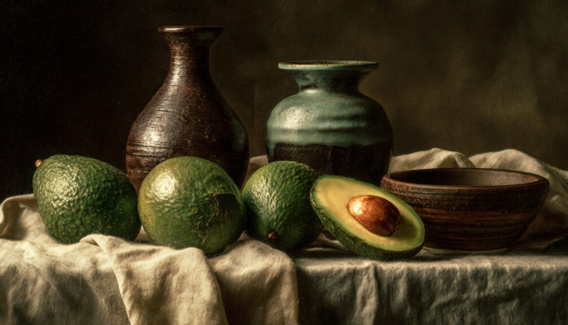 Still life of avocados and pottery on rustic table with dark background in 16:9 format