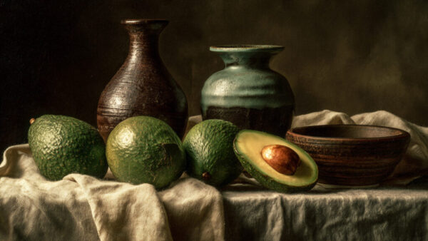Still life of avocados and pottery on rustic table with dark background in 16:9 format