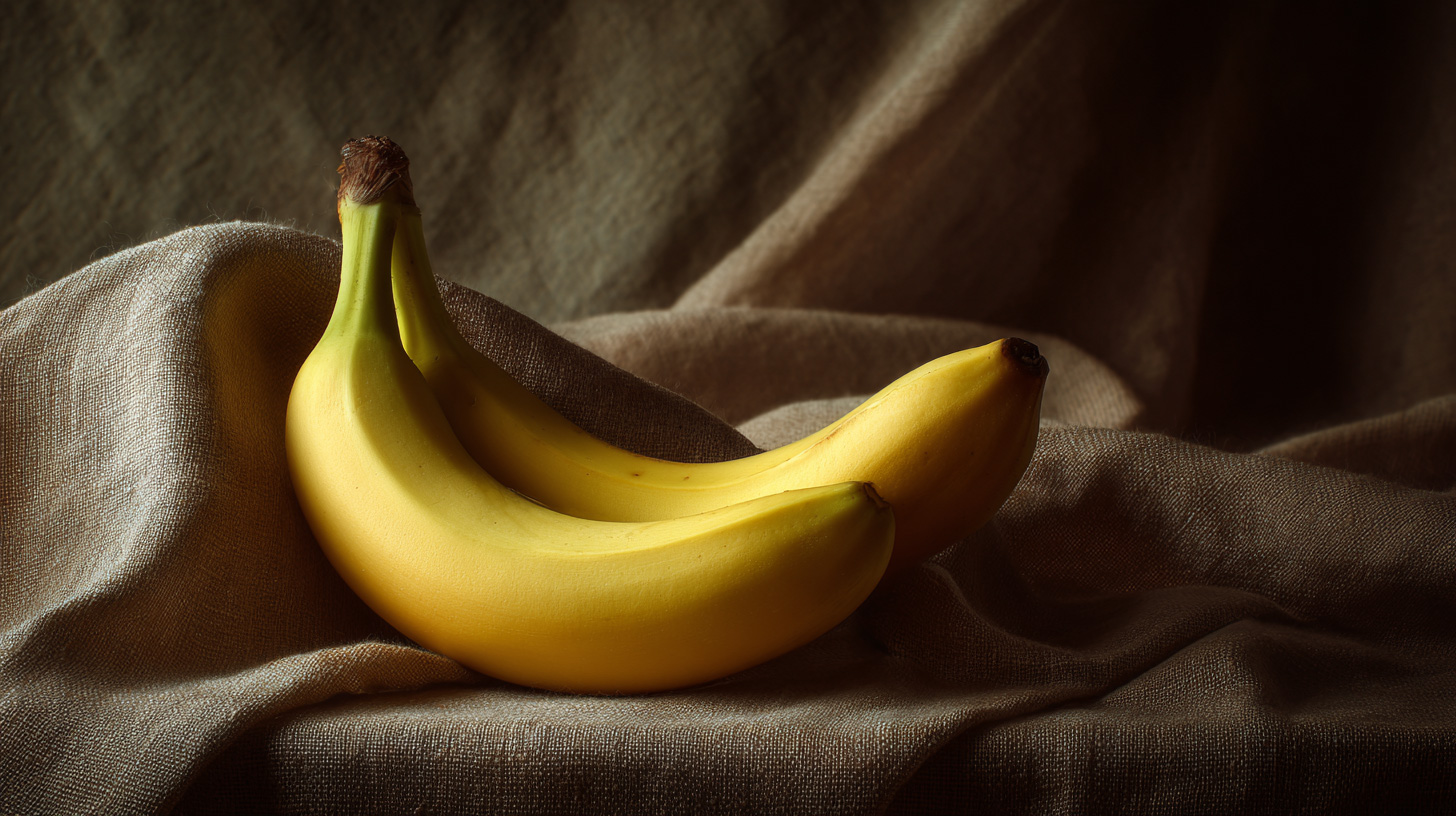 Still life of two bananas on beige fabric background in 16:9 format