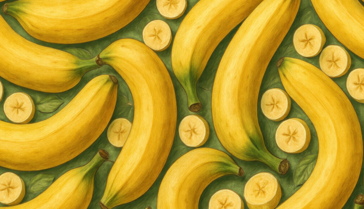 Pattern of whole bananas and slices on green background in 16:9 format