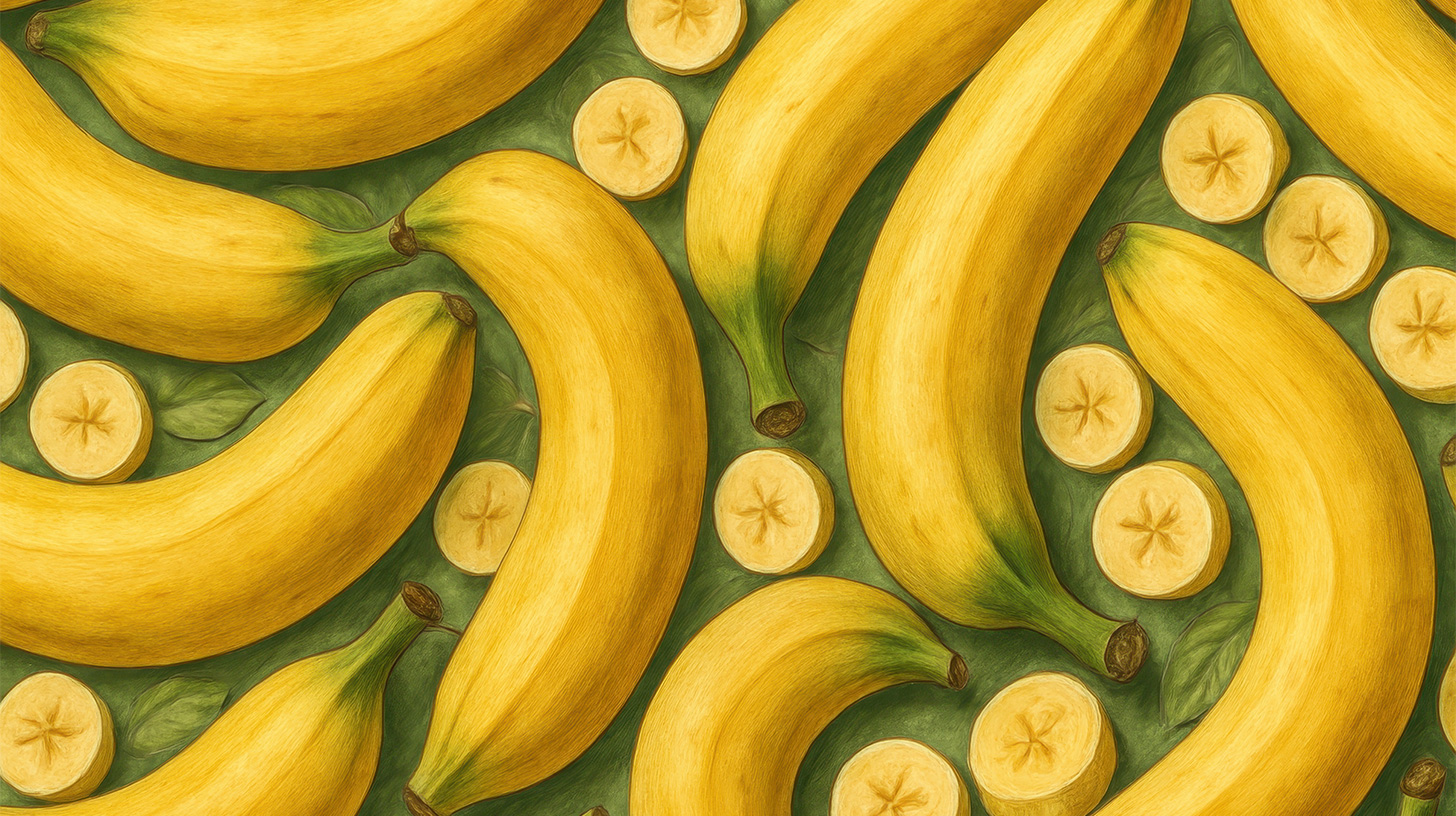 Pattern of whole bananas and slices on green background in 16:9 format