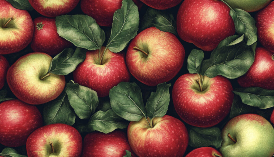 Photorealistic pattern of red apples with green leaves on dark background – free stock image