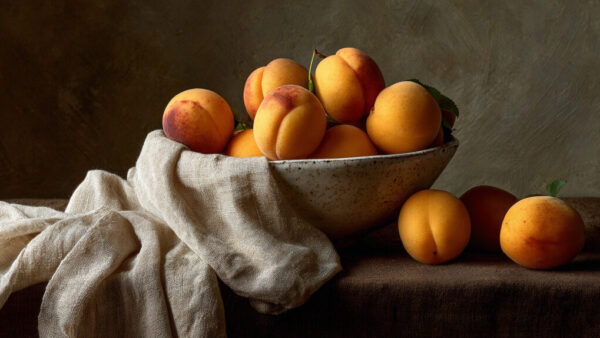 Still life with fresh apricots in ceramic bowl on rustic fabric, 16:9 format