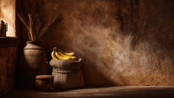 Rustic still life with bananas in burlap sack on warm earthy background, 16:9 format