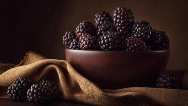 Rustic still life of fresh blackberries in a brown ceramic bowl on textured fabric, 16:9 format