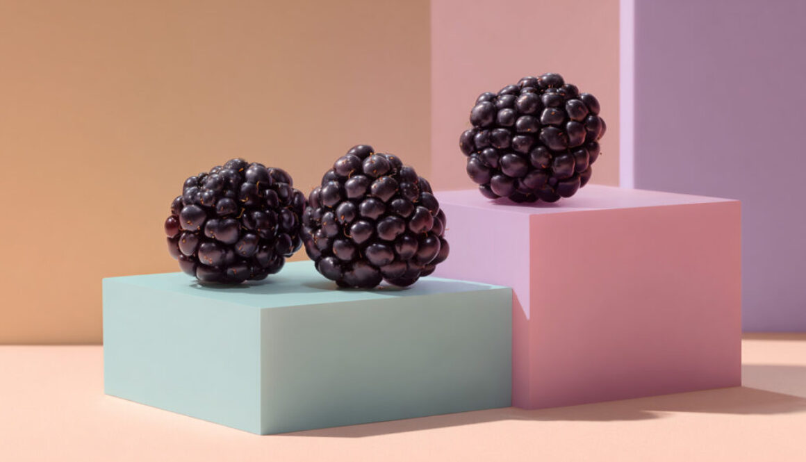 Three ripe blackberries on pastel-colored geometric blocks in 16:9 format