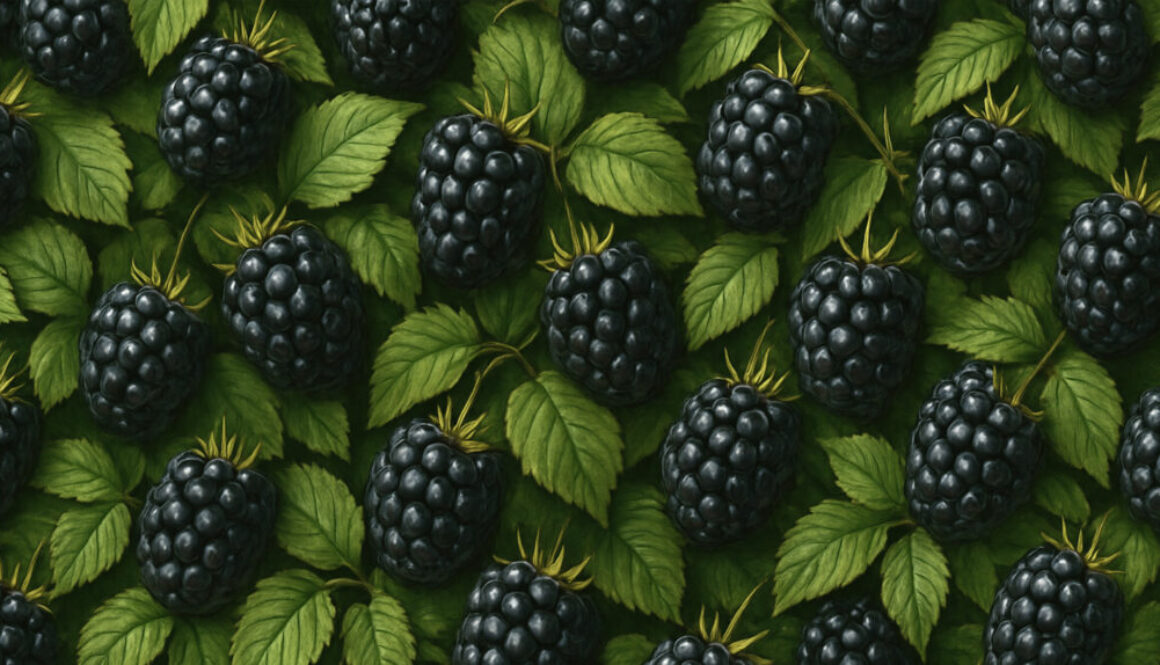Pattern of ripe blackberries with fresh green leaves, seamless background, 16:9 format