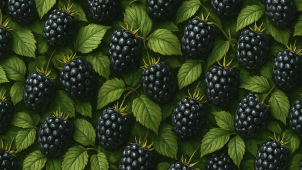 Pattern of ripe blackberries with fresh green leaves, seamless background, 16:9 format