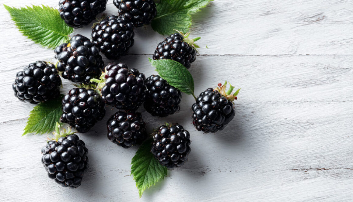 Top view of fresh blackberries on white wooden background in 16:9 format