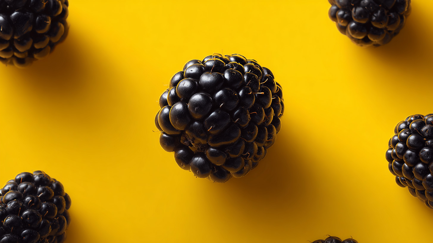 Close-up of a ripe blackberry on vivid yellow background in 16:9 format