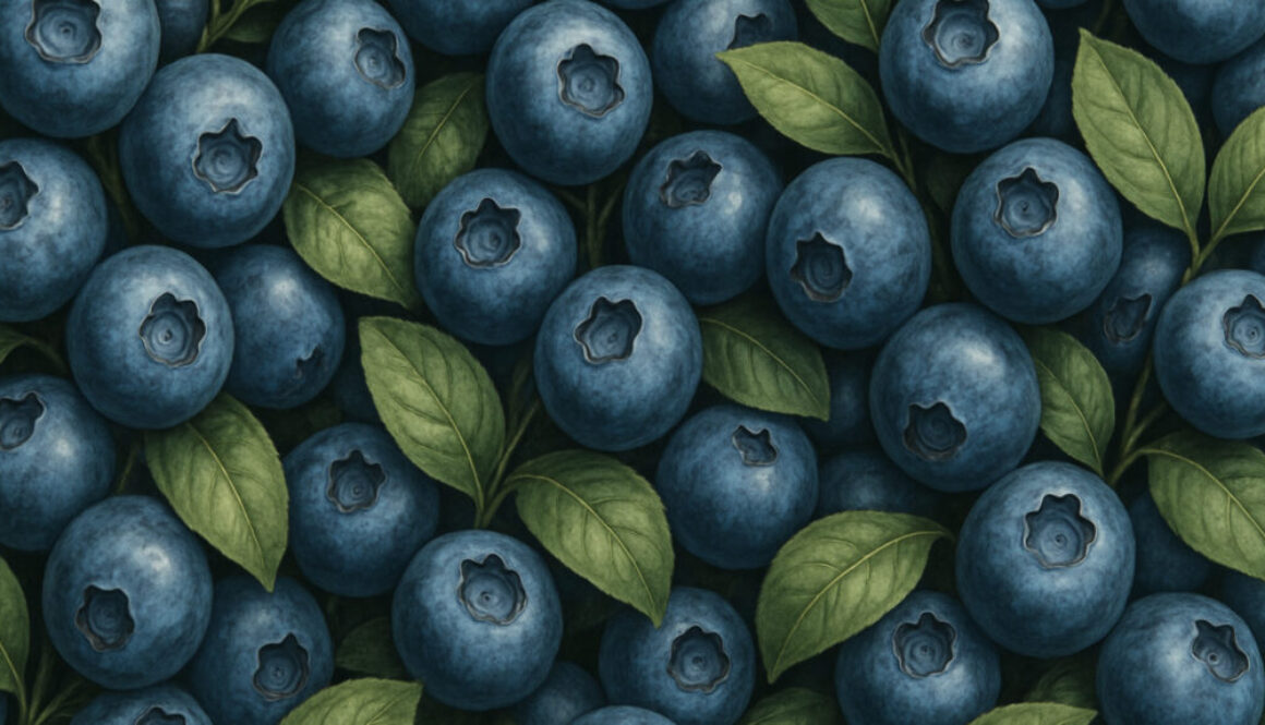Fresh blueberries pattern with green leaves in high detail close-up