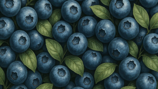 Fresh blueberries pattern with green leaves in high detail close-up
