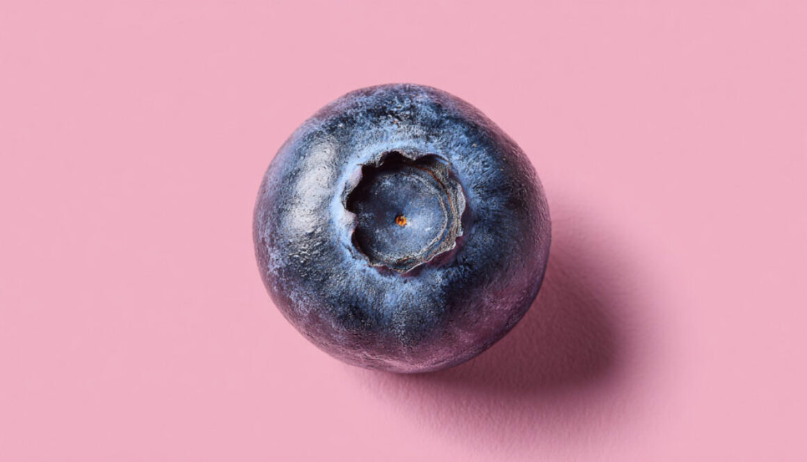 Single blueberry centered on pink background in 16:9 format