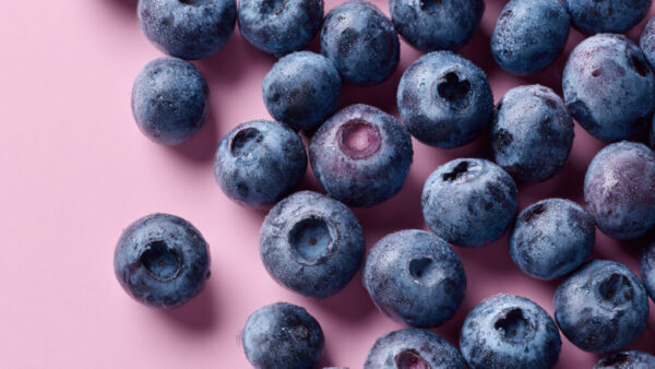 Top view of fresh blueberries on pink pastel background in 16:9 format