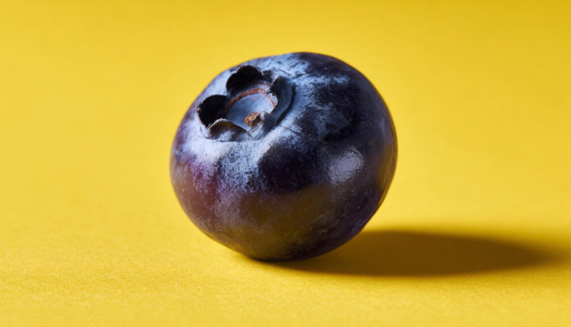 Single blueberry centered on bright yellow background in 16:9 format