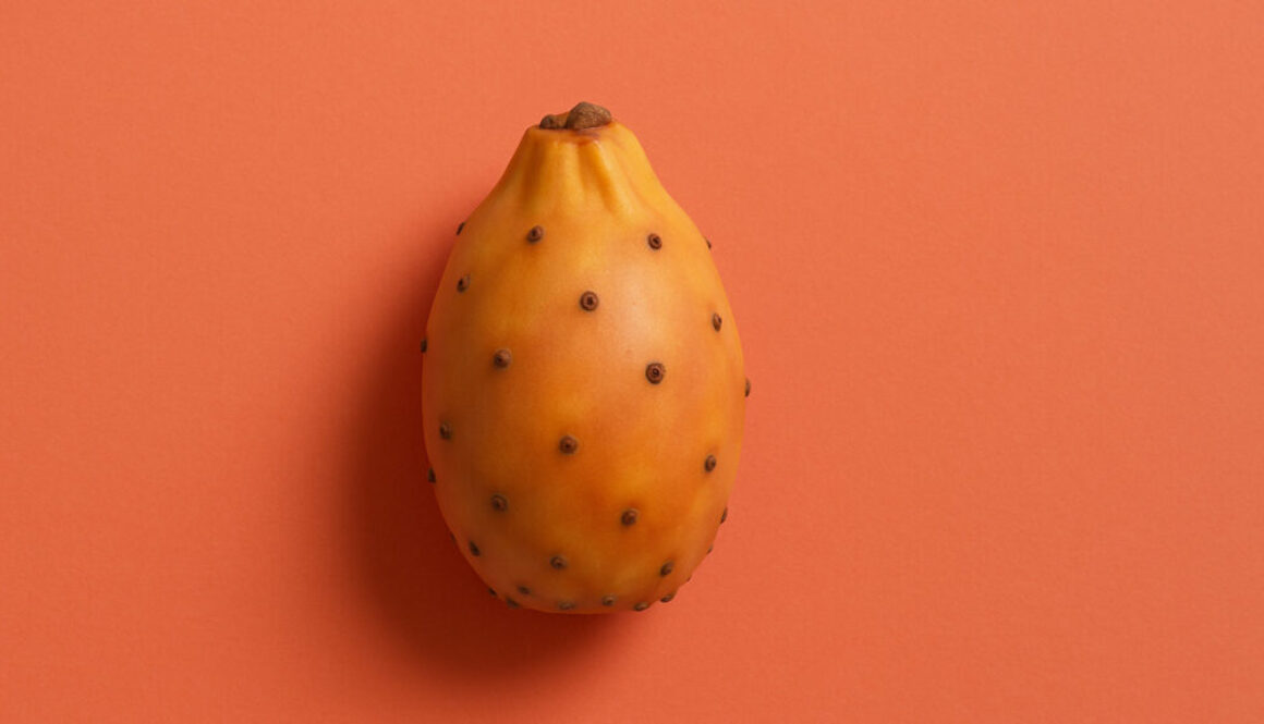 Orange cactus fruit centered on smooth coral background in 16:9 format