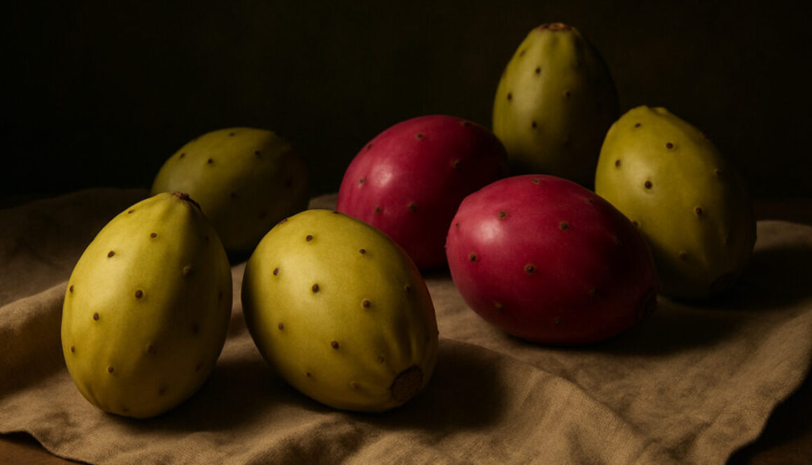 Rustic still life of red and yellow cactus fruits on brown fabric with dark background in 16:9 format