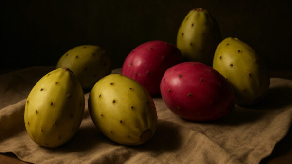 Rustic still life of red and yellow cactus fruits on brown fabric with dark background in 16:9 format
