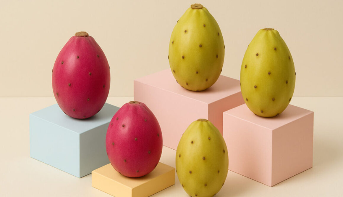 Minimal still life of pink and yellow cactus fruits on pastel geometric blocks against beige background in 16:9 format
