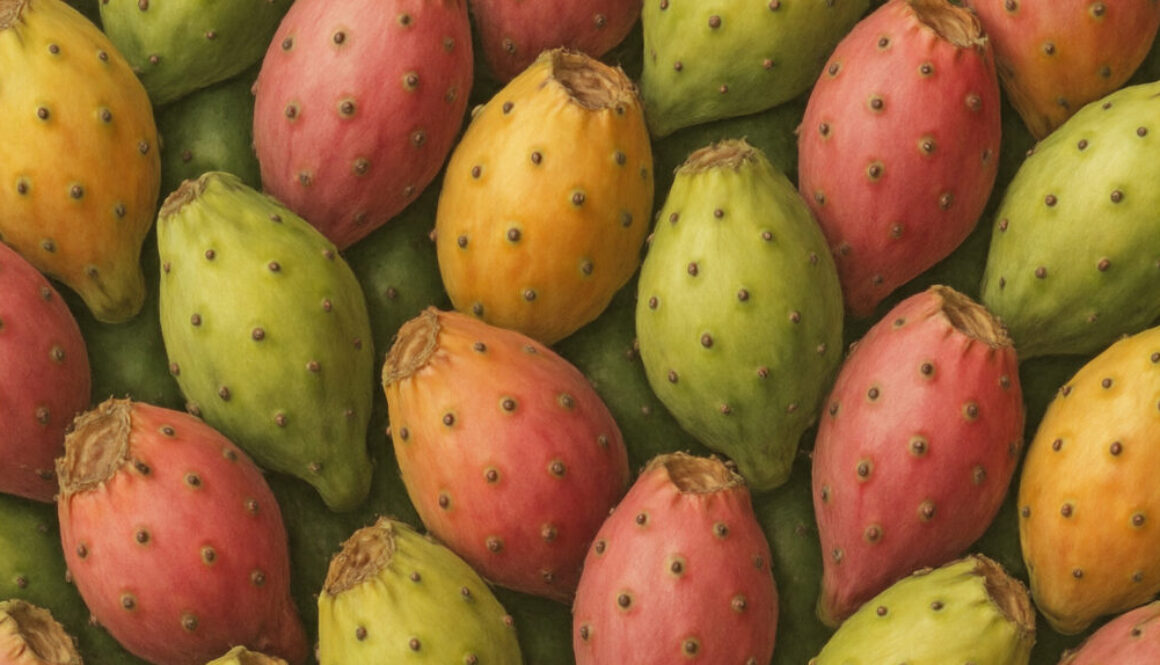 Seamless pattern of colorful cactus fruits in red, orange, yellow, and green tones on natural green background
