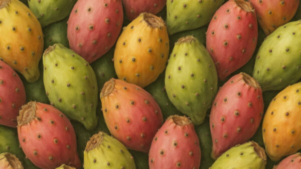 Seamless pattern of colorful cactus fruits in red, orange, yellow, and green tones on natural green background