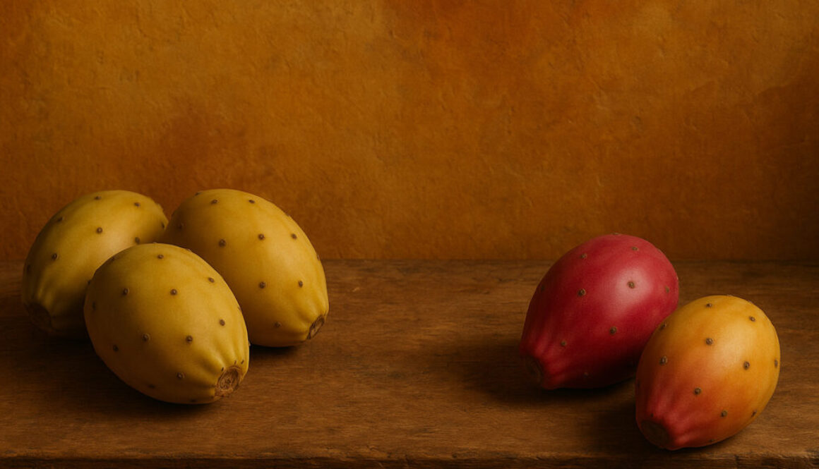 Still life of yellow and red cactus fruits on rustic wooden surface with warm brown background in 16:9 format