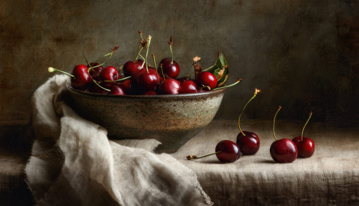 Rustic bowl of fresh red cherries on linen cloth with brown background in 16:9 format