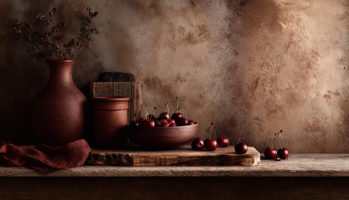 Rustic still life with bowl of red cherries, ceramic vase, and warm brown background in 16:9 format