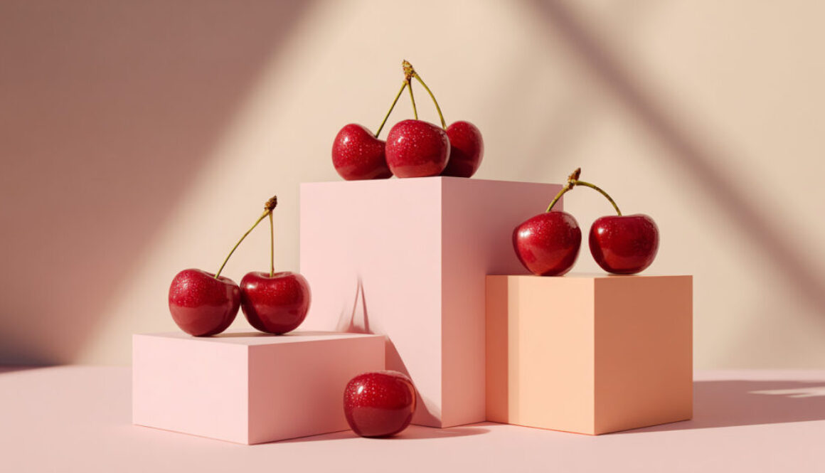 Modern still life with cherries arranged on pastel pink and peach geometric blocks, minimal design in 16:9 format