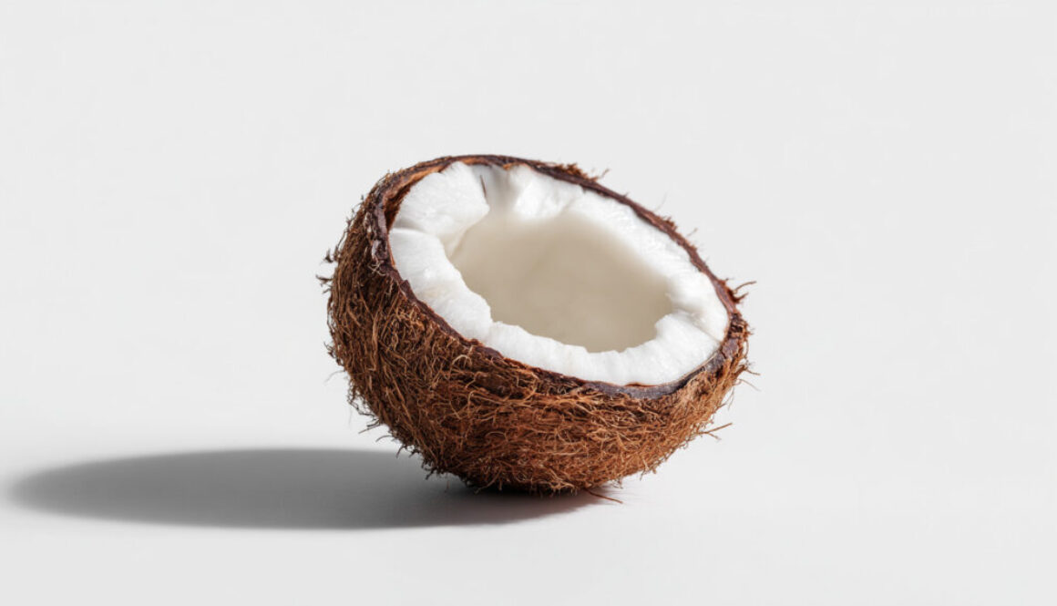 Minimal half coconut isolated on pure white background in 16:9 format