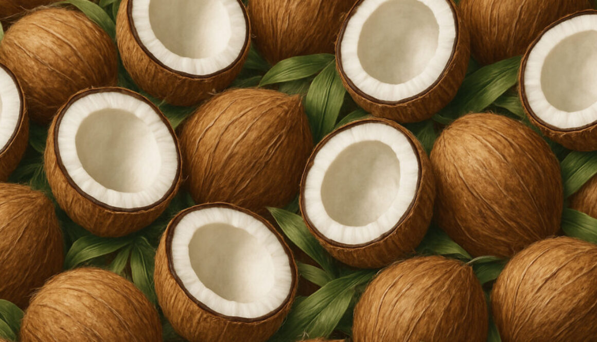 Top view pattern with whole and halved coconuts surrounded by tropical leaves