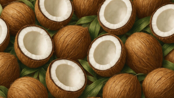 Top view pattern with whole and halved coconuts surrounded by tropical leaves